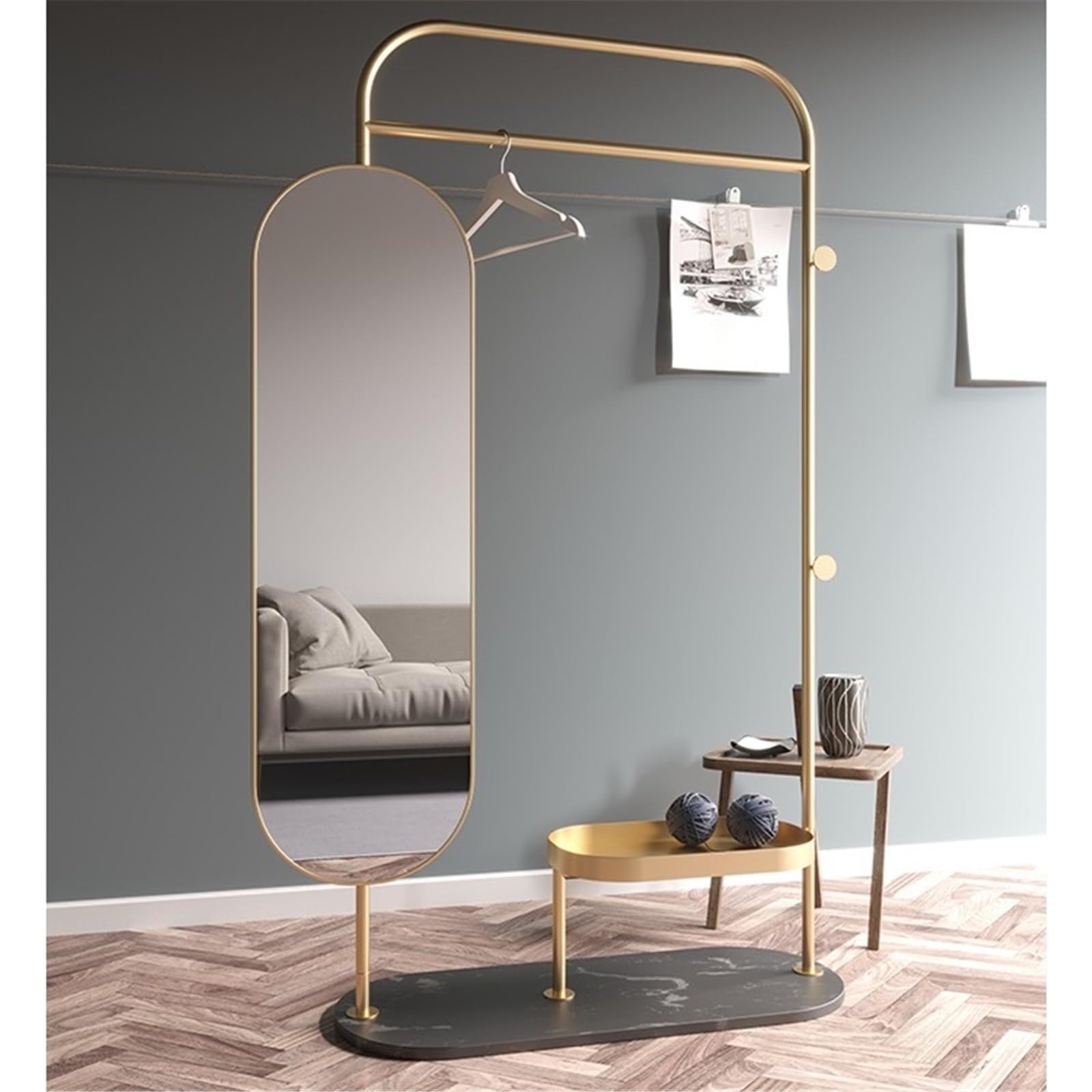 Freistehend Luxuriöser Marmor-Garderobenständer, Ganzkörperspiegel, multifunktionaler minimalistischer Standspiegel
