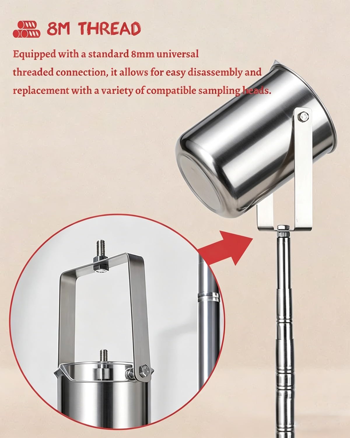 Probenehmer Wasserprobenentnahmebecher Aus Stahl für Flüsse und Meere, Teleskop-Wassertester-Set mit Probenbehälter, Pendel-Wasserschöpfkelle(Cap:500ML,1.49-7m(4.9-23.0ft))
