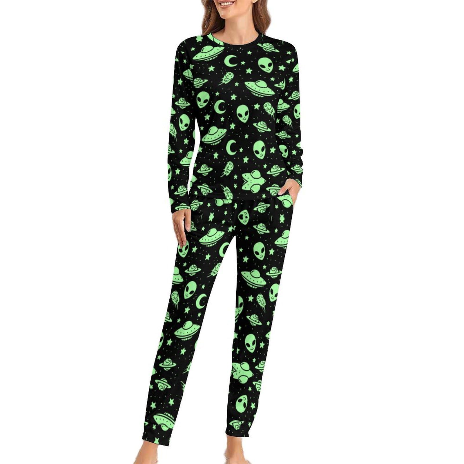 Cmagnifico Women's Green Alien Moon Ufo Woman's Crew Neck Pyjamas Set, Pyjamas For Pajamas With Pockets