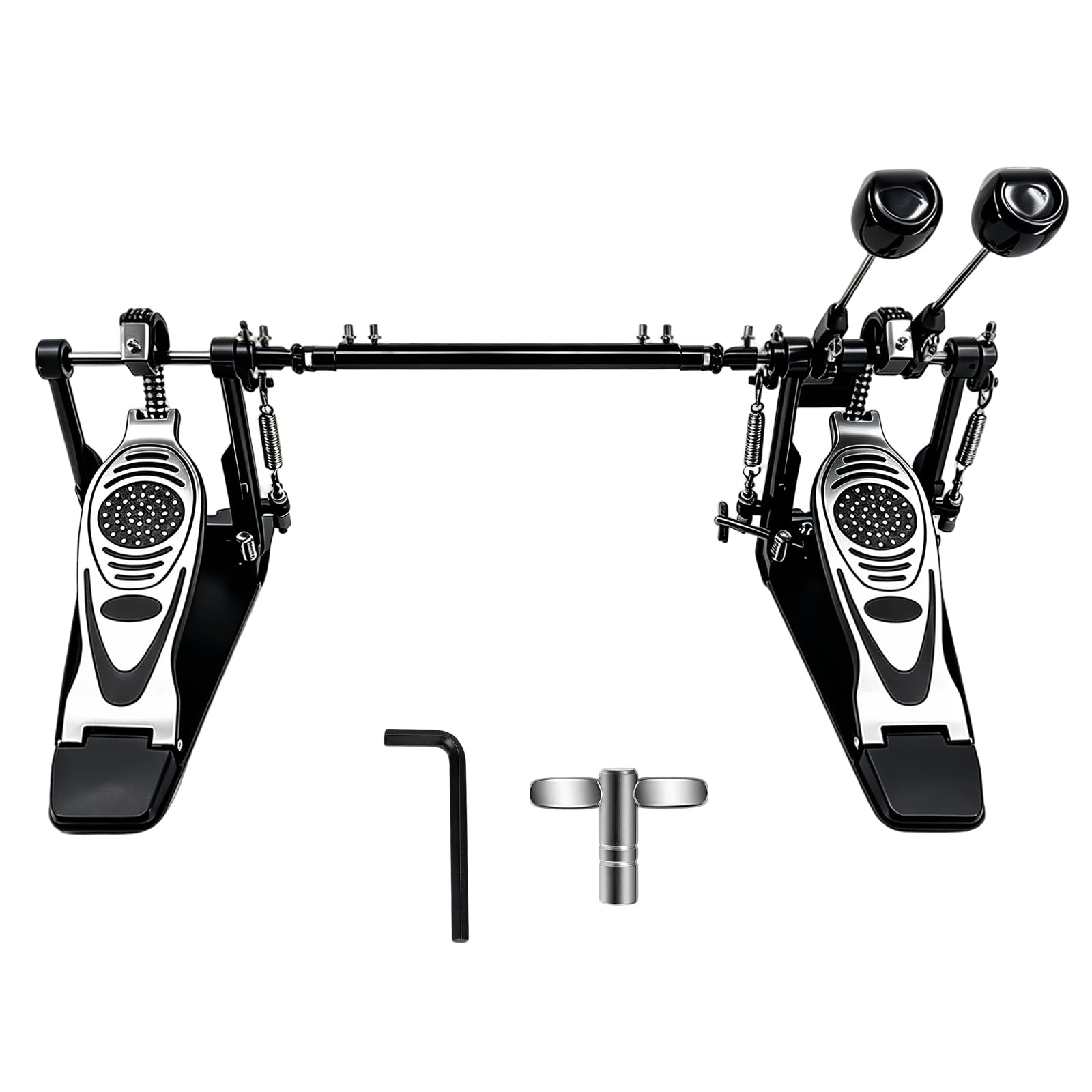 Doble Pedal Bombo para Batería, Pedal Doble Profesional con Transmisión de Doble Cadena Accesorios de Percusión para Batería de Jazz y PrácticaIncluye Barra de Conexión y Llaves de Ajuste