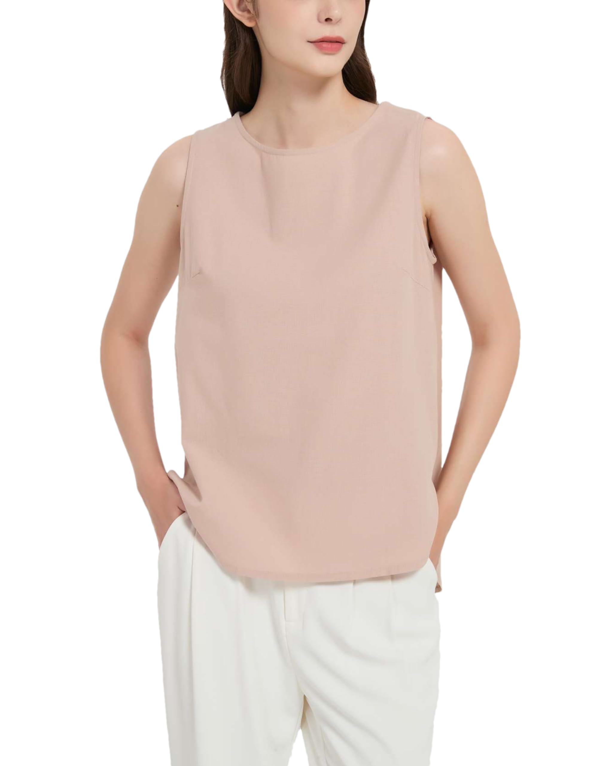 Womens Summer Casual Natural Linen Sleeveless Tank Tops Basic Lightweight Crewneck Blouse Shirts Layering Tee