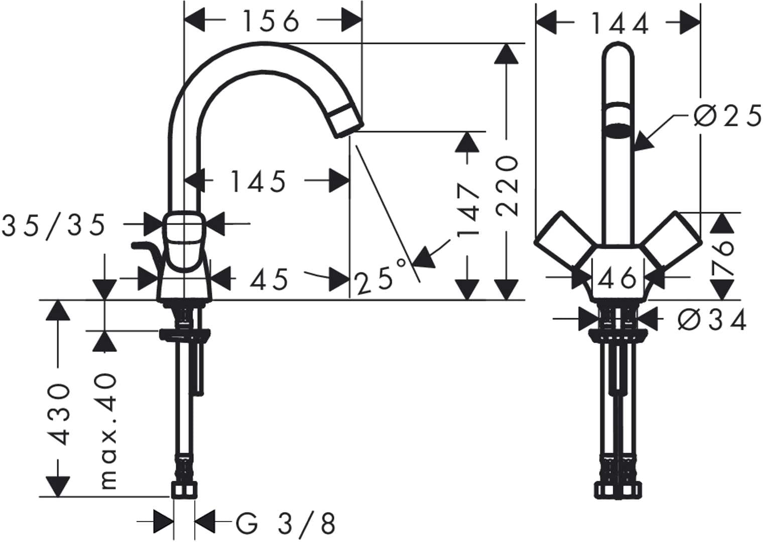 hansgrohe Wasserhahn Logis 2-Griff Waschtischarmatur (Auslauf Höhe 150 mm mit Zugstangen-Ablaufgarnitur und abgerundeten Griffen) Chrom