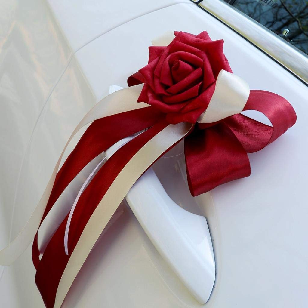 Set mit 12 Stück Kunstblumen, Seide mit Schleifenband, Schmetterling, Dekoration für Auto, Hochzeit – Rot