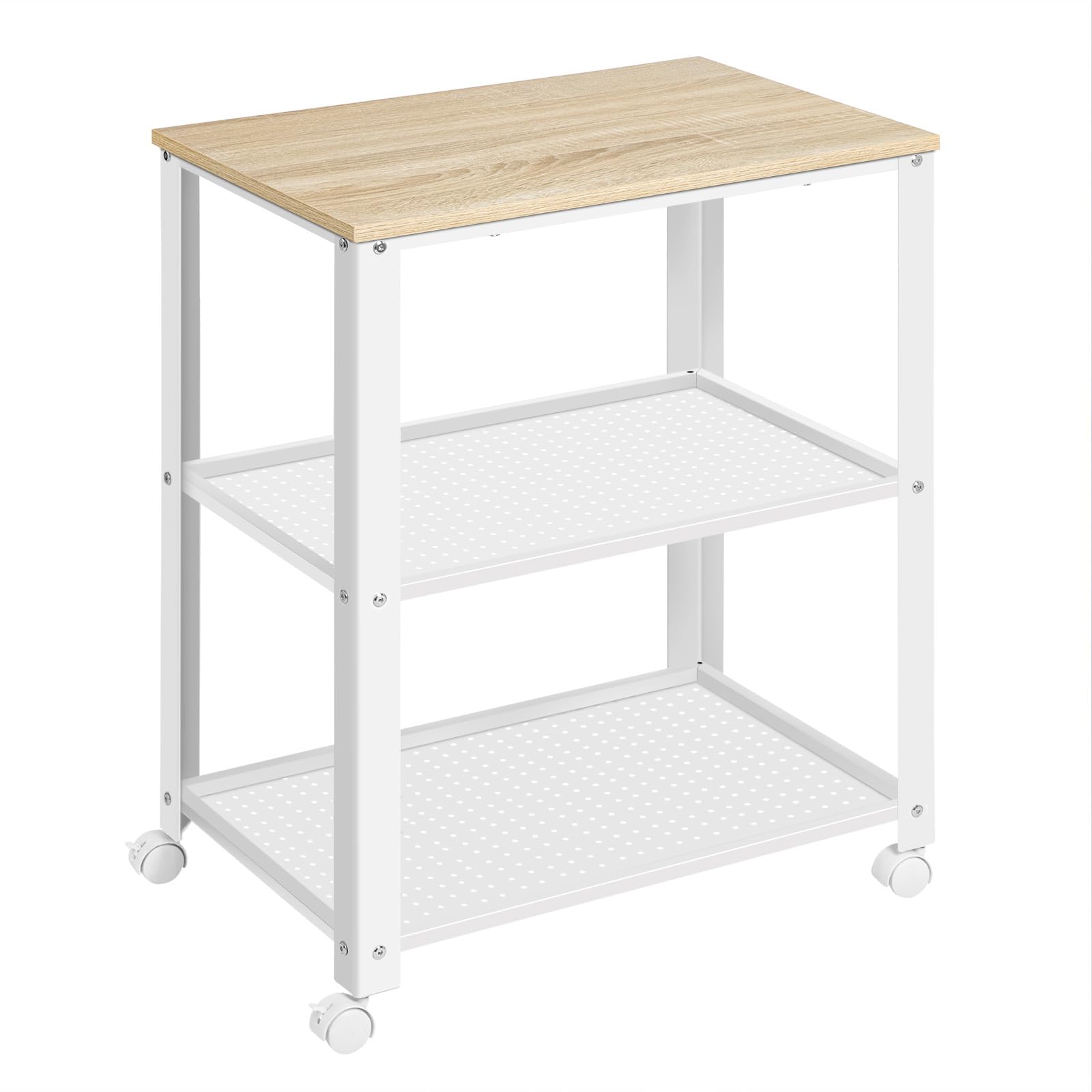 WOLTU Carro de Cocina de 3 Niveles, Estanteria con Ruedas, Carrito Auxiliar con Estantes Metálicas, para Cocina, Salón y Baño, 60x40x76 cm (Blanco+Roble Claro)