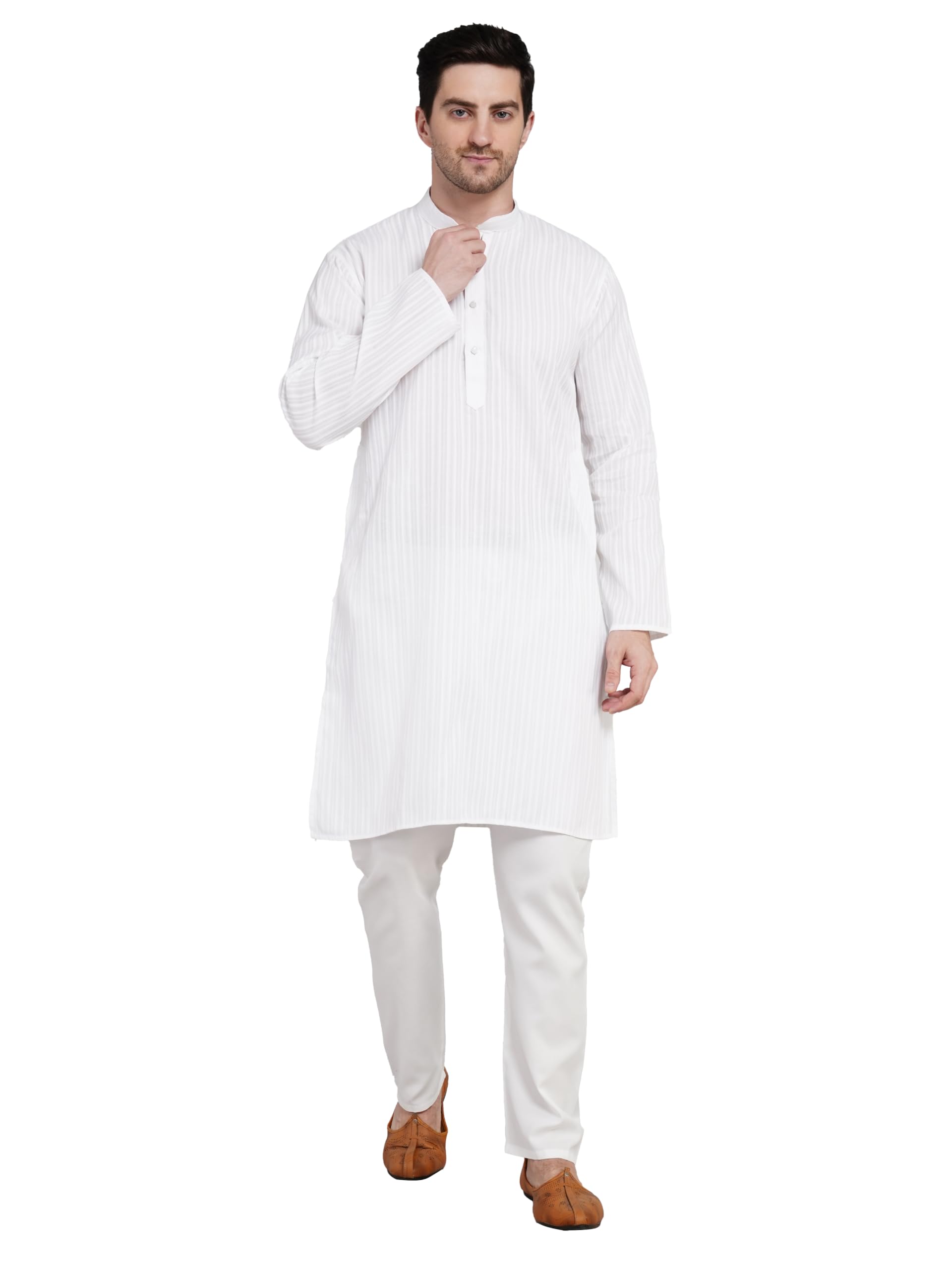 NOAR Men's Pure Cotton Ethnic Kurta | Off White Self Design Striped Regular Fit Full Sleeve Traditional Kurta for Men | Mandarin Collar | Festive, Wedding, Casual, Cultural & Religious Wear-image-33