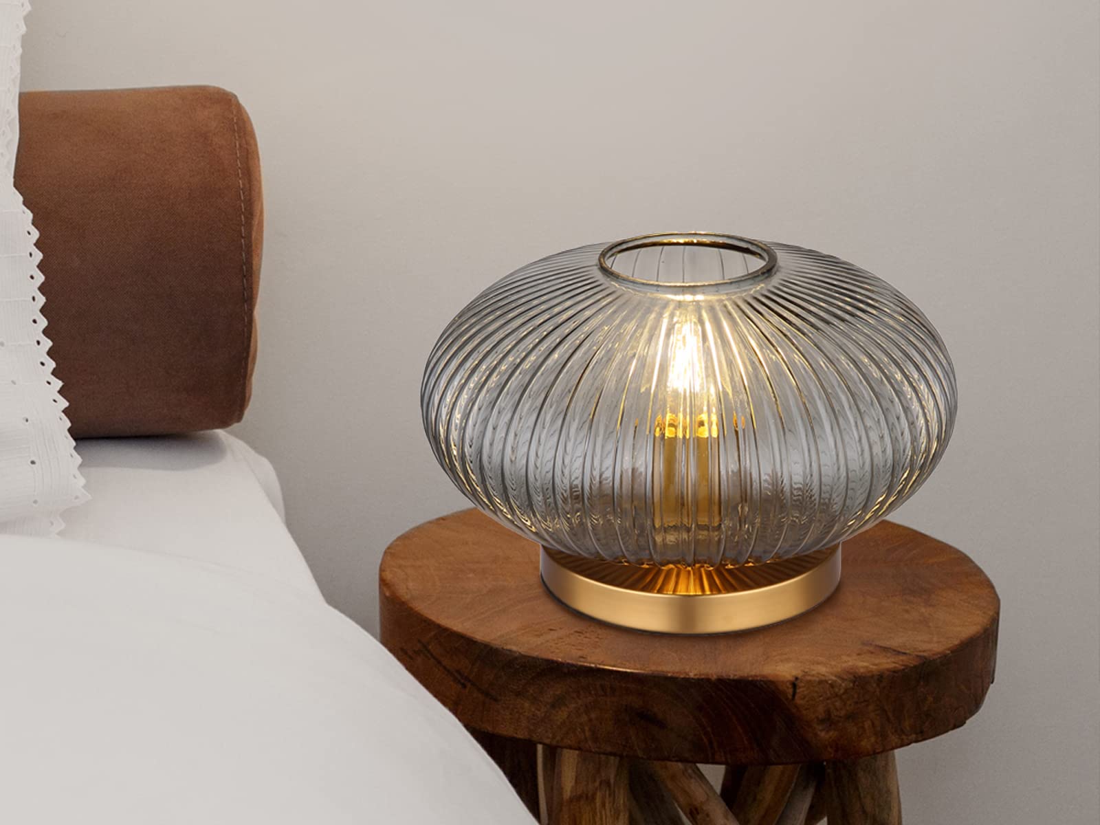 Ausgefallene Tischleuchte mit gerilltem Rauchglas Lampenschirm, Ø 30cm