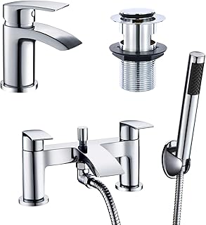 Basin and Bath Mixer Tap with Shower Attachment Set Slotted Pop up Waste Waterfall Bathroom Sink Tap Cloakroom Bathtub Tub Filler Tap Mixers Monobloc Chrome Brass Bathroom Taps Set