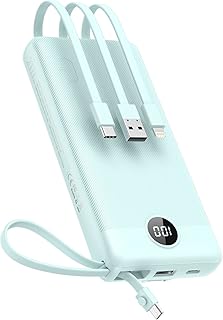 VEEKTOMX Power Bank with Built-in Cables, 20000mAh USB C Portable Charger with 5 Outputs & 2 Inputs and LED Display, External Battery Bank for iPhone/iPad/Samsung S22/21/20 (20000mAh-Blue）