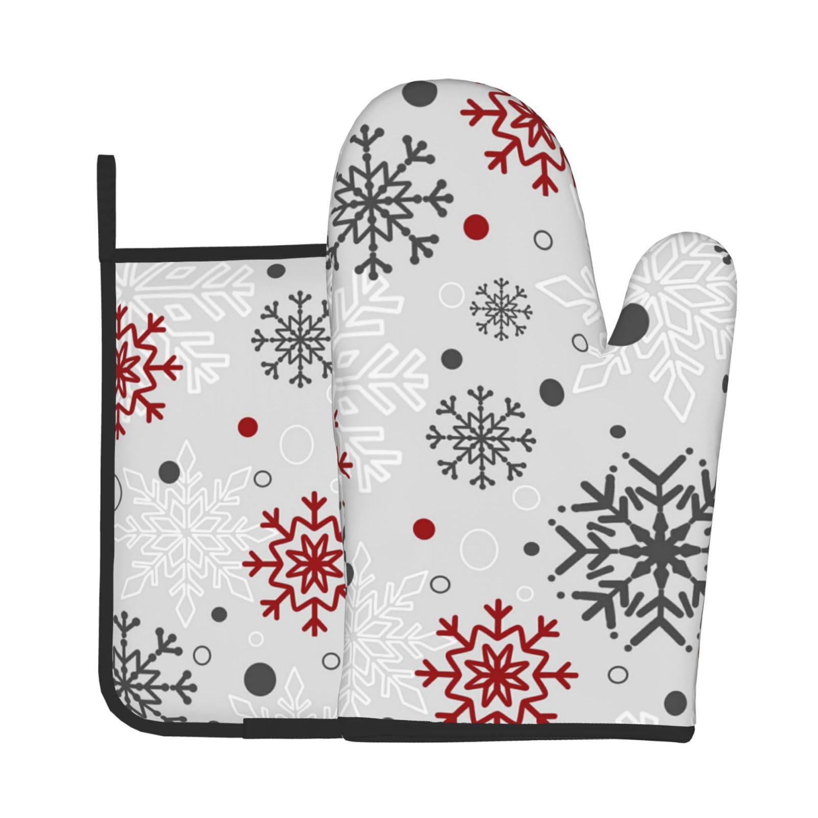 Winter Snowflakes Oven Mitts and Pot Holders Sets Classic Gray Red Prints Oven Mitts Heat Resistant Snow Santa Kitchen Gloves Hot Pads Two Piece Set for Cooking Baking Grilling BBQ Xmas Festive Gift