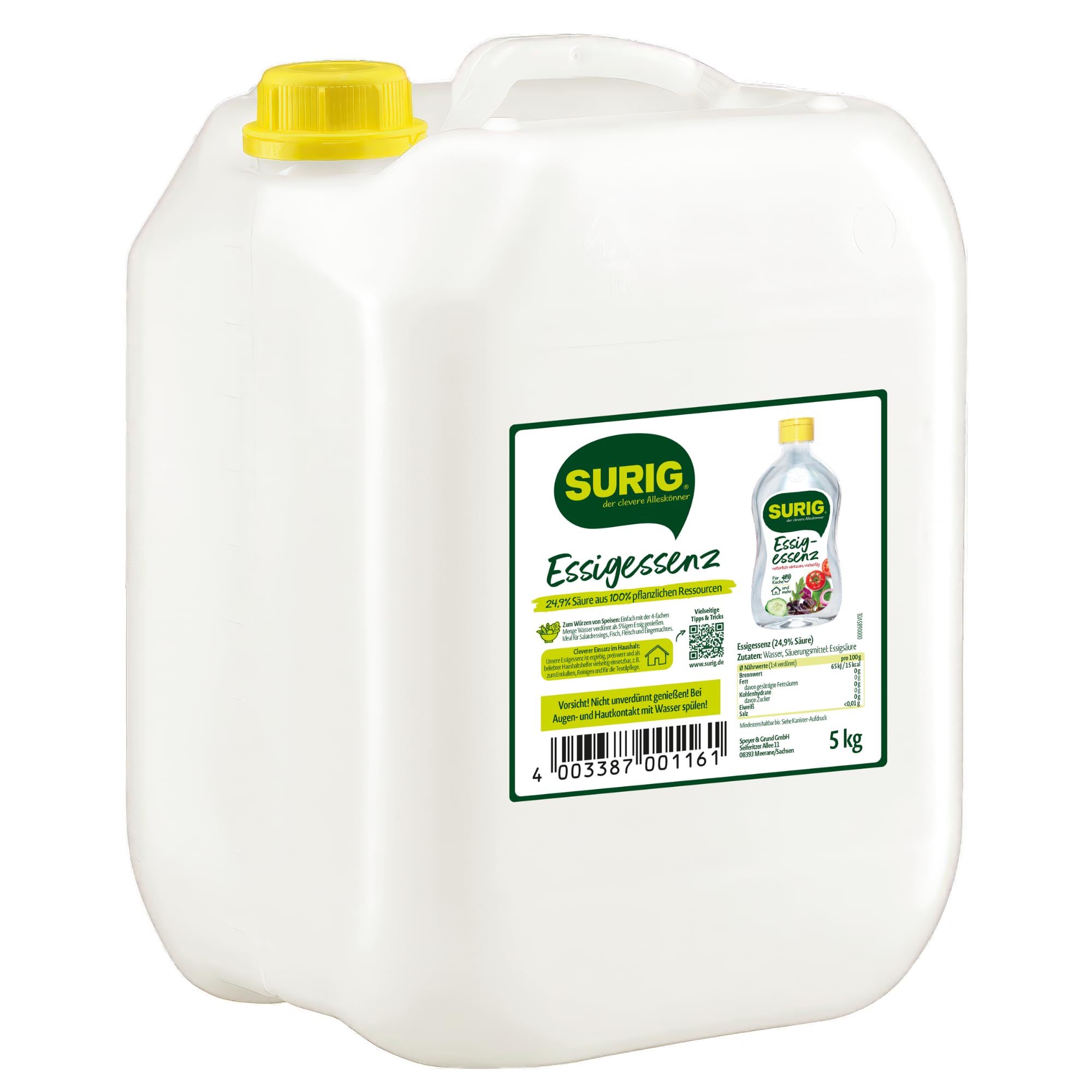 SURIG Essigessenz 5L mit 25% Essigsäure - 100% pflanzlicher Essig zum Reinigen und Entkalken in Küche und Haushalt - Lebensmittelqualität zum Kochen und Einlegen