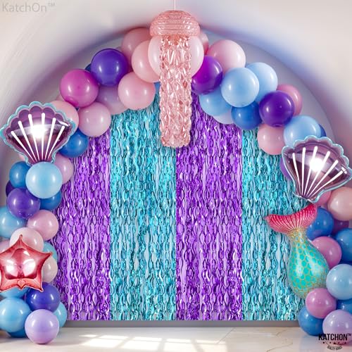Image of KatchOn, Large Wavy Purple and Blue Fringe Curtain - Pack of 2 | Mermaid Birthday Decorations, Beach Party Decoration | Purple and Blue Foil Fringe for Under The Sea Party Decorations