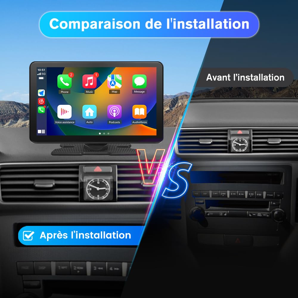 Écran Tactile 9" CarPlay & Android Auto sans Fil avec Dashcam 4K + Caméra Arrière, GPS, Bluetooth, FM, AUX, Lien Miroir, Carte TF 64G