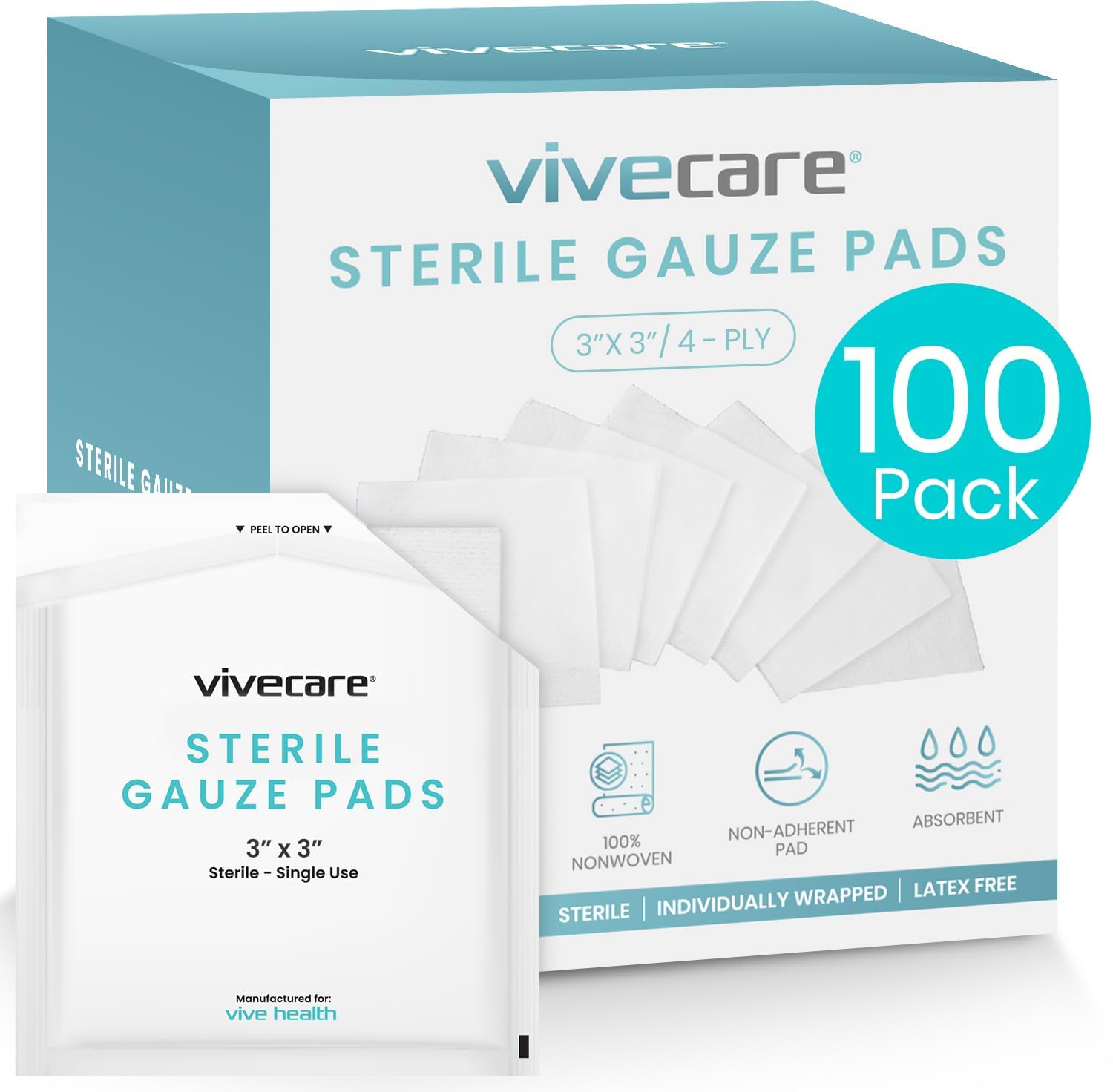3x3 Sterile Gauze Pads (100 Piece) - Individually Wrapped 2-Pack Wound Dressing for Cleaning & Cushioning - Non-Adhesive Highly Absorbent Bandages