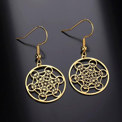Miniatura 5 de Metatron - Aretes de cubo para mujeres y niñas, de acero inoxidable con geometría sagrada de flor de la vida, aretes hexagonales, joyería de estilo