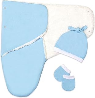 Kit 3 Peças Casulo Charutinho Swaddle Dupla Face Touca Nozinho Luvas Punho Bebê Hipoalergênico Sherpa e Malha Azul Bebê