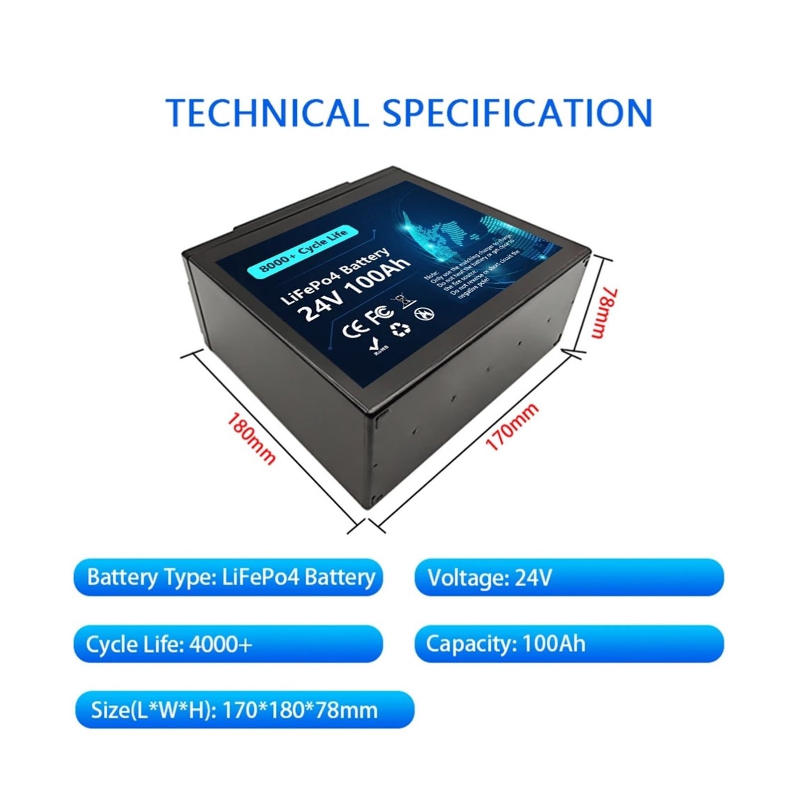 Batteria A Ciclo Profondo Batteria LiFePO4 Da 24 V 100Ah 120Ah 150Ah 180Ah 200Ah Batteria Al Litio Ferro Fosfato A Ciclo Profondo | 24V 200Ah LiFePO4