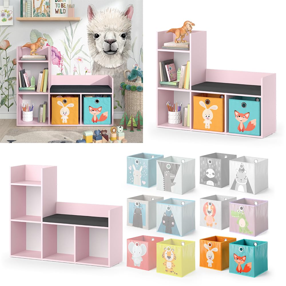 Vicco Libreria bambini Luigi, rosa, 107.2 x 88.6 cm con 2 scatole pieghevoli (colorate), con seduta imbottita e quattro ripiani aperti