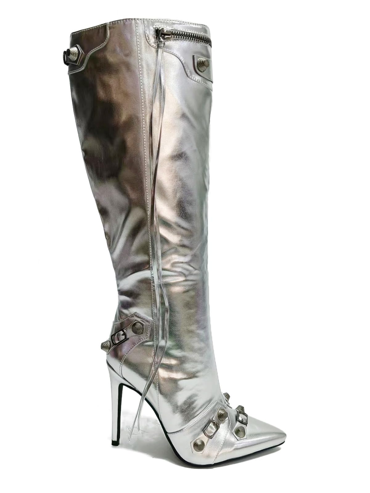 Cape Robbin Womem Knee High Boots Pointed Toe Stiletto Heels Side Zipper Rivets Tassels Boots