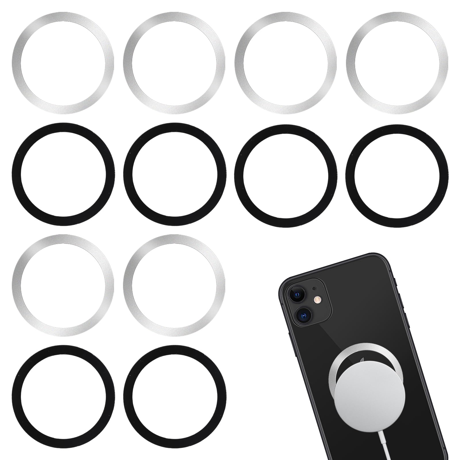 8 Anelli Metallici Adesivi Per Magsafe &ndash; Compatibili Universali, Nero+Bianco (4+4)