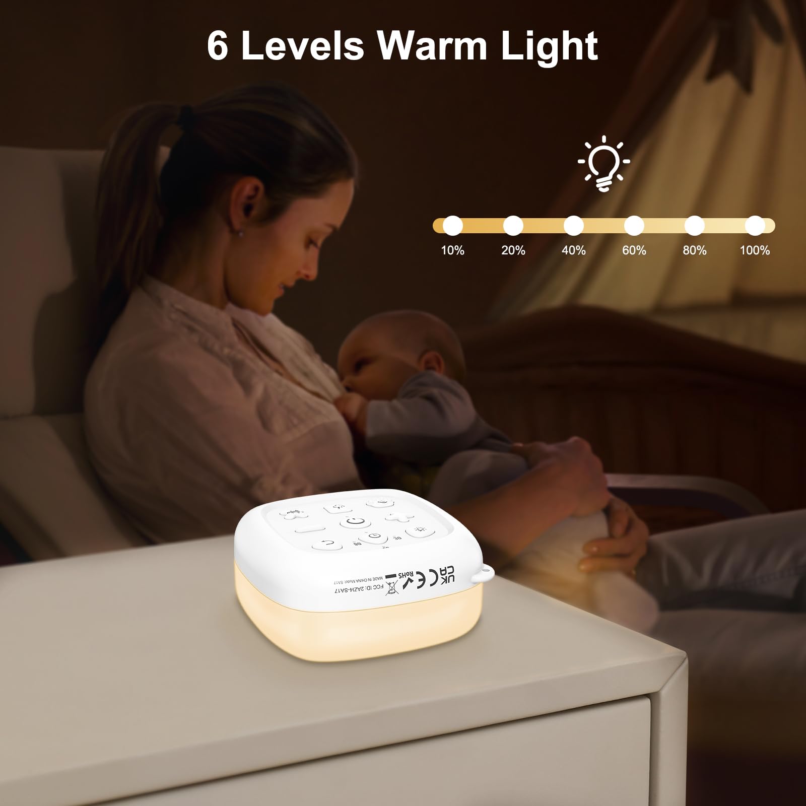Machine à Bruit Blanc 24 sons, Haut-parleur sans Fil, 6 Luminosités Réglable, Machine à Bruit de Sommeil pour Bébé Enfant, Minuterie et Fonction Mémoire pour Yoga, Sommeil, Bureau, Voyage