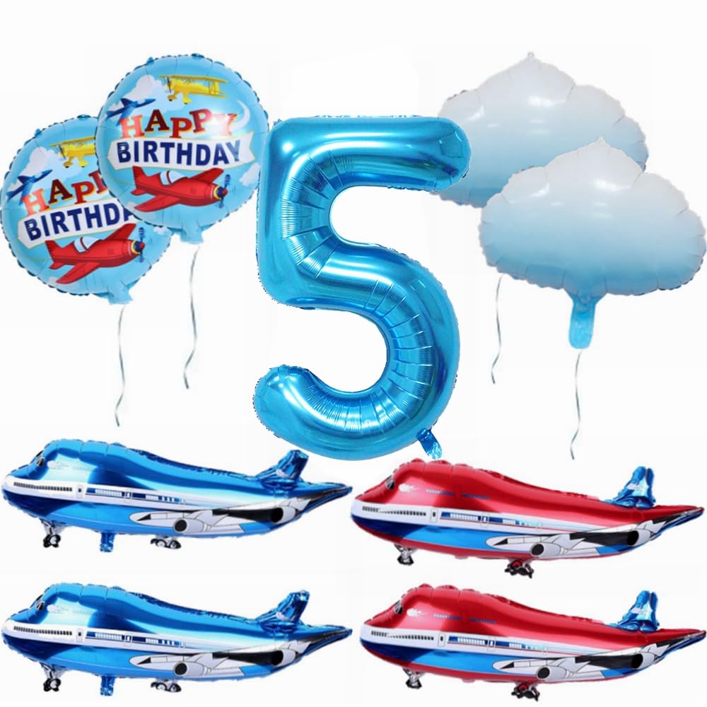 Yunchu Online 5th Airplane Birthday Decoration Large Blue Red Airplane Balloon Airplane Birthday Balloon Airplane Cloud Foil Balloons Airplane Birthday Party Set for 5th Birthday Boy Girl, YUN-365