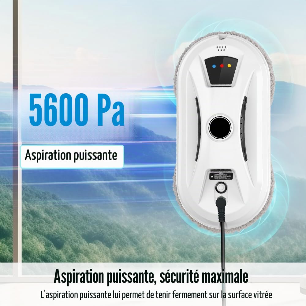 Robot Laveur de Vitre, Lave Vitre Automatique, Aspiration 5600 Pa, Nettoyage Intelligent des Chemins, Détection de Bords Anti-Chute, pour Fenêtres Intérieures et Extérieures