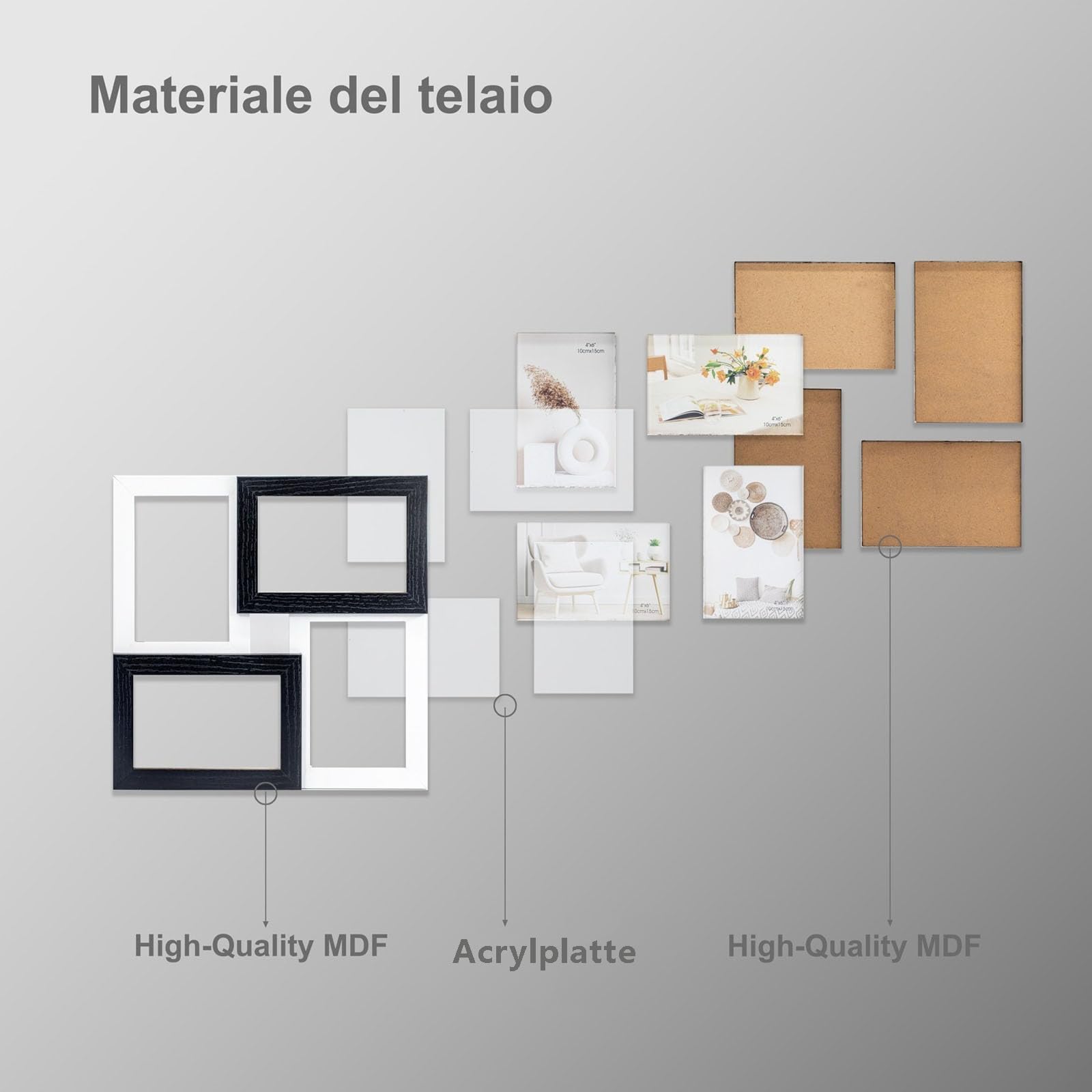 Tutee Cornice Per Foto, Robusta Cornice in Legno MDF, Cornici Foto Multiple da Parete, Portafoto da Parete Multiplo, Decorazioni Murali, Cornici 10x15cm 4PZ (Nero e Bianco)
