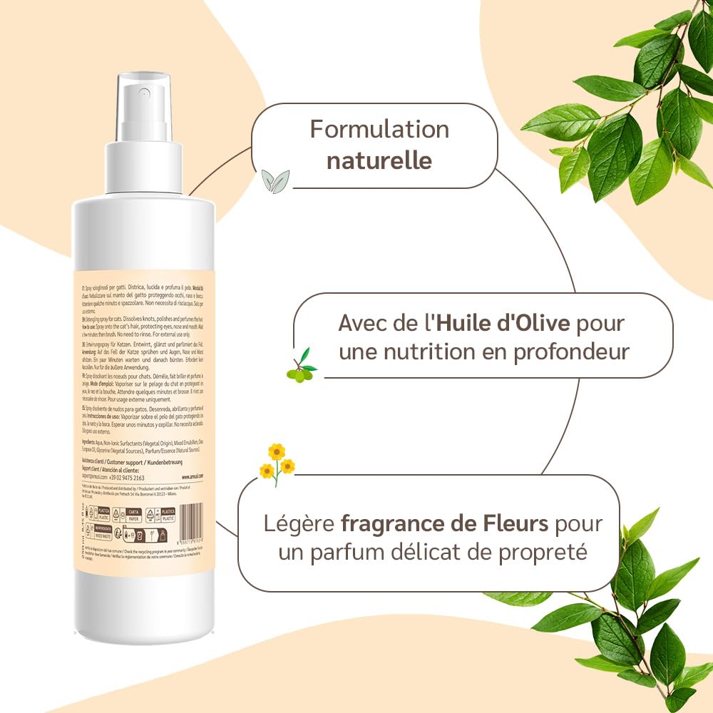 amusi Spray Démêlant Poil Chat 250 ML – Demelant Chat Poils Longs sans Rinçage Naturel & Végétalien - Pelage Doux, Brillant et Léger – Made in Italy