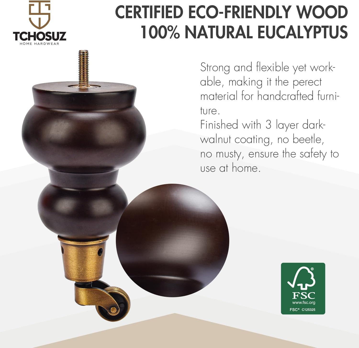 7 inch / 17cm Wooden Furniture Legs with Casters Wheels, Pack of 4 Classic Walnut Solid Wood Round DIY Replacement Bun Feet for DIY Project Sofa Couch Cabinet Ottoman Bed Riser