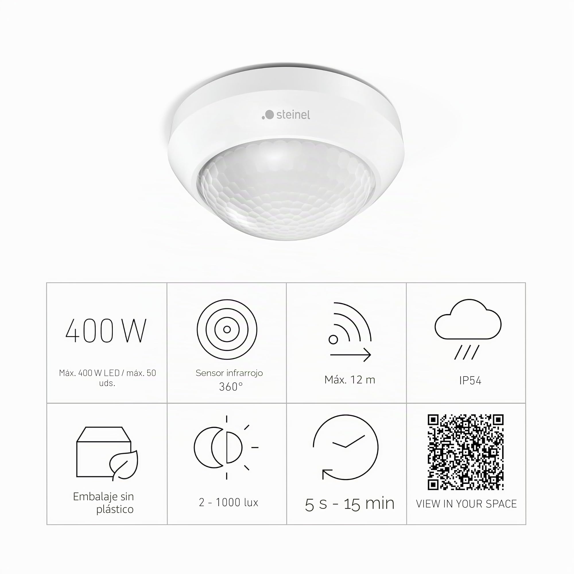Steinel IS 360-3 Sensor de movimiento PIR, en color blanco, con potencia de conmutación de 2000 W, detección de 360°, alcance de 12 metros, compatibilidad con bombillas LED y montaje en el techo