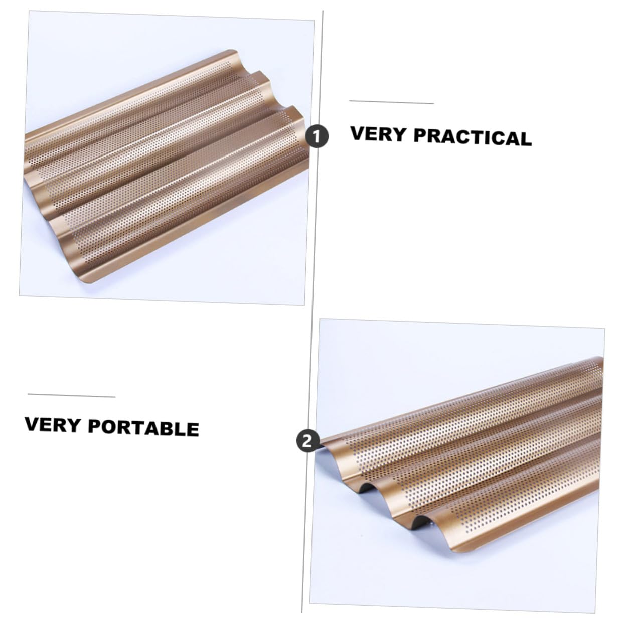 STOBAZA Molde para Hornear Pan de 3 Ranuras en Acero al Carbono, 2 Piezas | Diseño Perforado, Acabado Antiadherente, Formato de Ondas para Baguette en Cocción