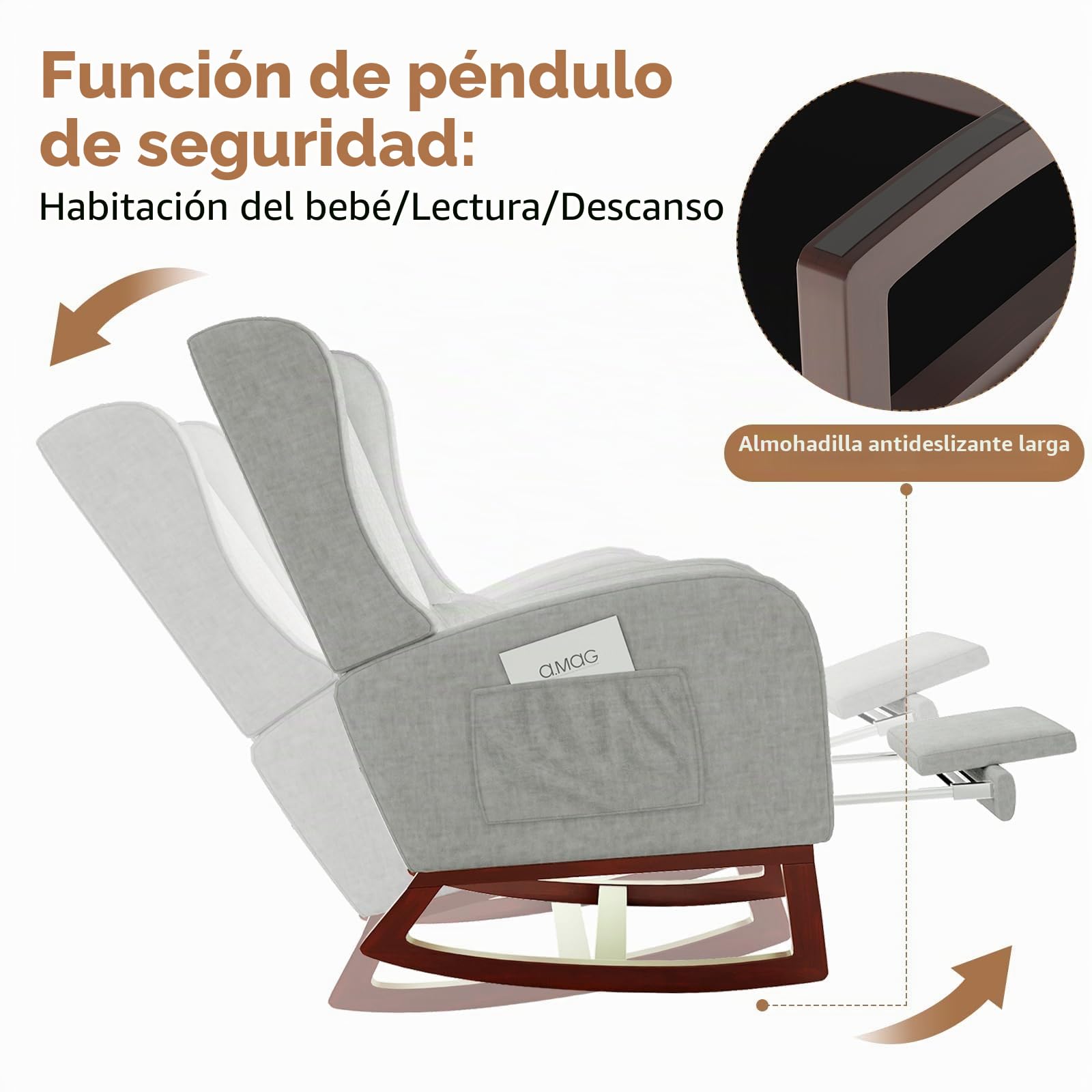 Silla Mecedora con reposabrazos y Bolsillos Laterales, Patas de Madera Maciza, Silla de relajación para Lactancia, Adecuada para Sala de Estar y Dormitorio, con cojín Acolchado (Gris)