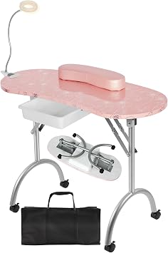 Whalefall Portable Manicure Nail Table, Foldable Manicure Table with Drawer, LED Lamp, 4 Lockable Wheels and Carry Bag, Professional Nail Desk with Wrist Cushion Pink,30" H