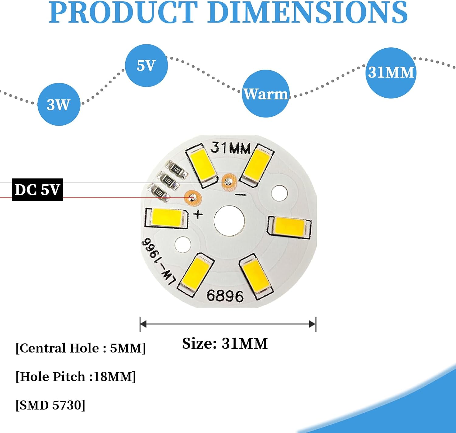 5Pcs 3W High Power LED Chip 5V 120deg 700mA 3000K Warm 5730 SMD image 4