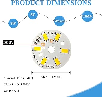 5Pcs 3W 5V 3000K Warm High Power 5730 SMD LED Chip | 31mm Circular Aluminum PCB Heat Dissipation Base(700mA 120deg 6-LED 5MM Inner Hole)for DIY Lighting or Chip Replacement