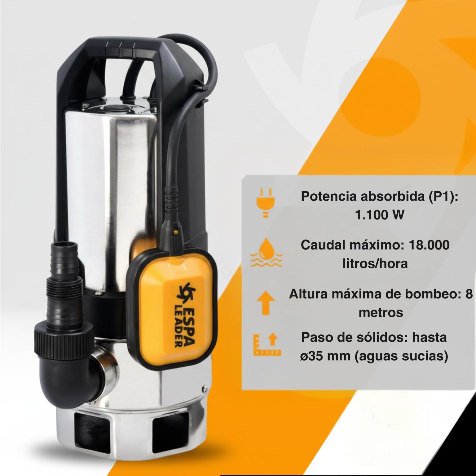 ESPA LEADER Bomba de Achique Sumergible BISA V 1100S M para Drenaje de Aguas Sucias y Fosas Sépticas, Caudal Máximo 18.000 l/h, Altura Máx. 8m, Acero Inox, con Interruptor de Nivel y 10m de Cable