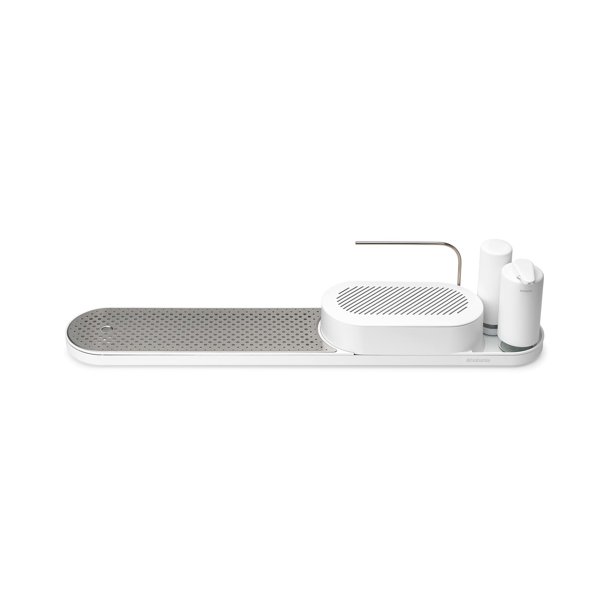 Brabantia - Conjunto SinkStyle con organizador fregadero, bandeja de secado, dispensador de jabón y placa de acero inoxidable extraíble - Mineral Fresh White