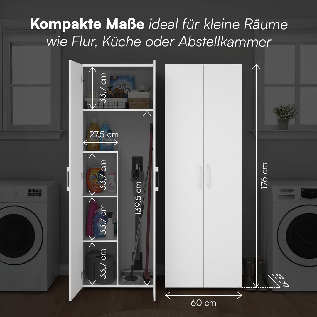 Bellamio Mehrzweckschrank Set 2-teilig – Schrank-Set mit Aktenschrank & Besenschrank in Weiß – Vorratsschrank mit Staubsaugerfach – Haushaltsschrank Holz 60 cm breit – Allzweckschrank 2 Stück