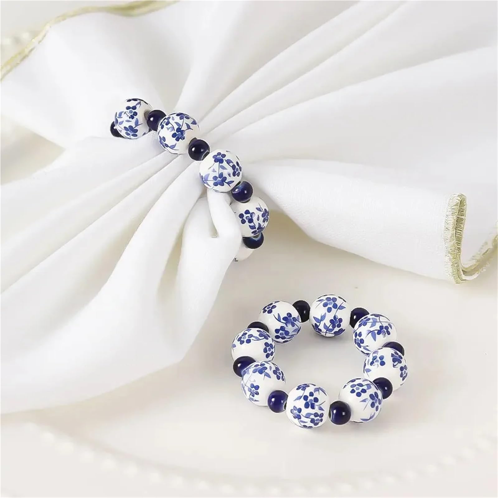 Lot de 24 ronds de serviette de style ethnique créatif peint à la main avec perles bleues et blanches, décoration de table