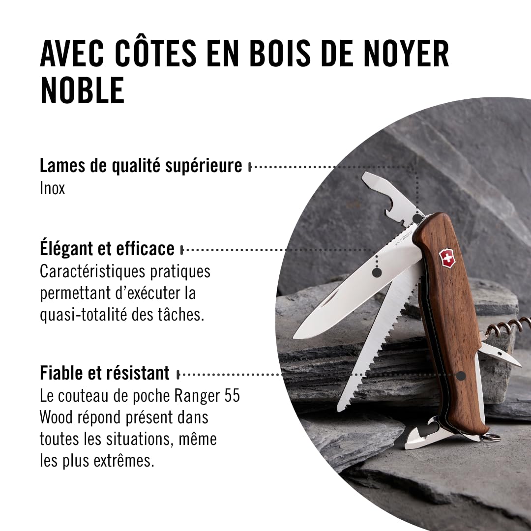 Victorinox Ranger Bois 55 Couteau de Poche Suisse, Multitool, 10 Fonctions, Lame Fixe, Tire Bouchon, Bois