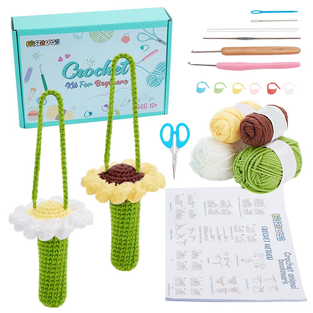 FREEBLOSS Conjunto de 8 kits de crochê para iniciantes com suporte