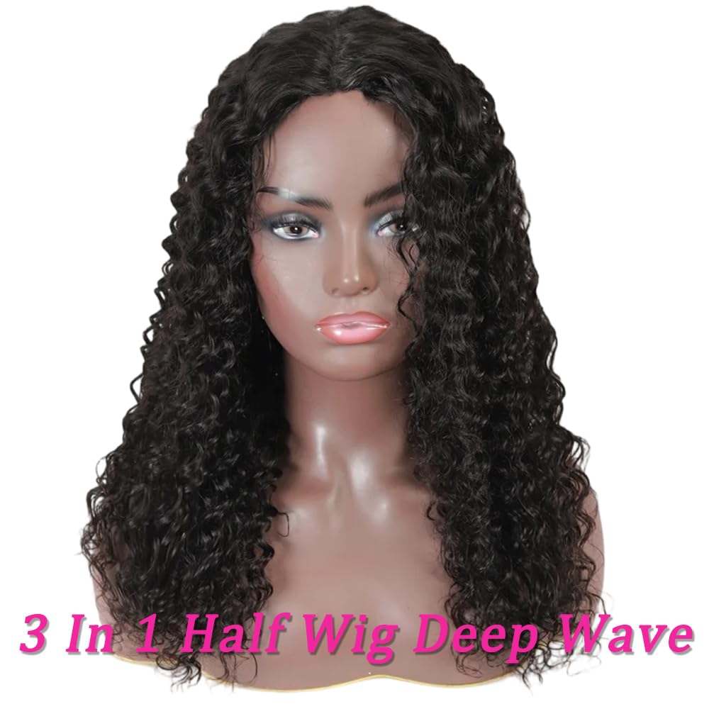 Parrucca riccia con capelli umani 3 in 1, senza cuciture, senza colla, con coulisse, densità 200, parrucca per principianti per donne nere, onda profonda, colore naturale 71 cm
