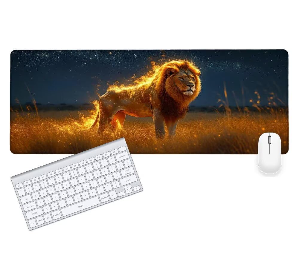 Alfombrilla Ratón, Alfombrilla Gaming León XXL 1200x600x3mm, Extendida Base de Antideslizante Caucho Mouse Pad Animal, Protector Escritorio con Bordes Cosidos, Mejora la precisión y la Velocidad D-4