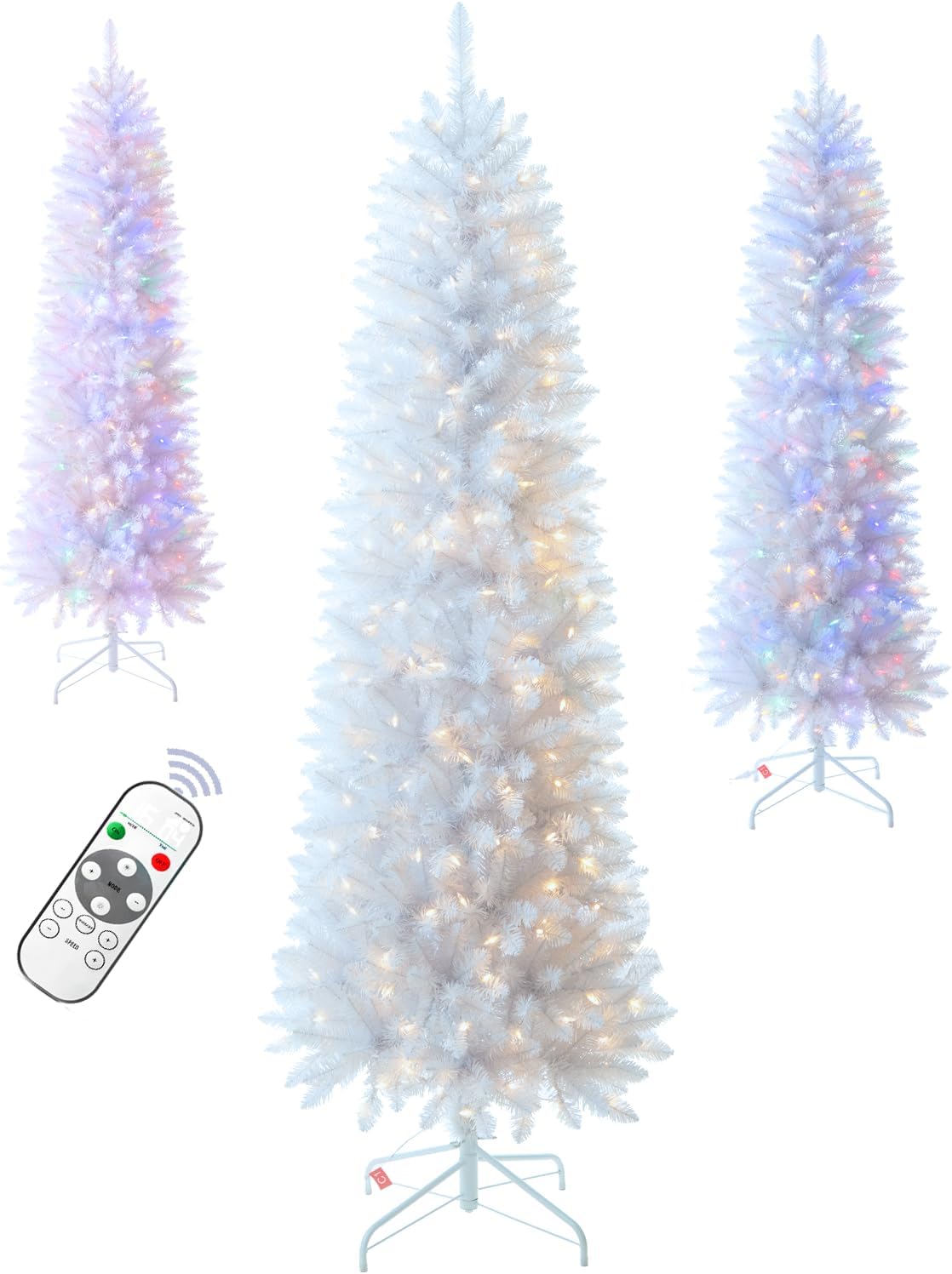 6FT Pre-lit Pencil White Christmas Tree Spruce with Remote Control, 250 Warm White Multi-Color Lights, Artificial Hinged/Slim/Skinny/Feel Real/Realistic for Home, Holiday Decoration 6 Feet White 6ft