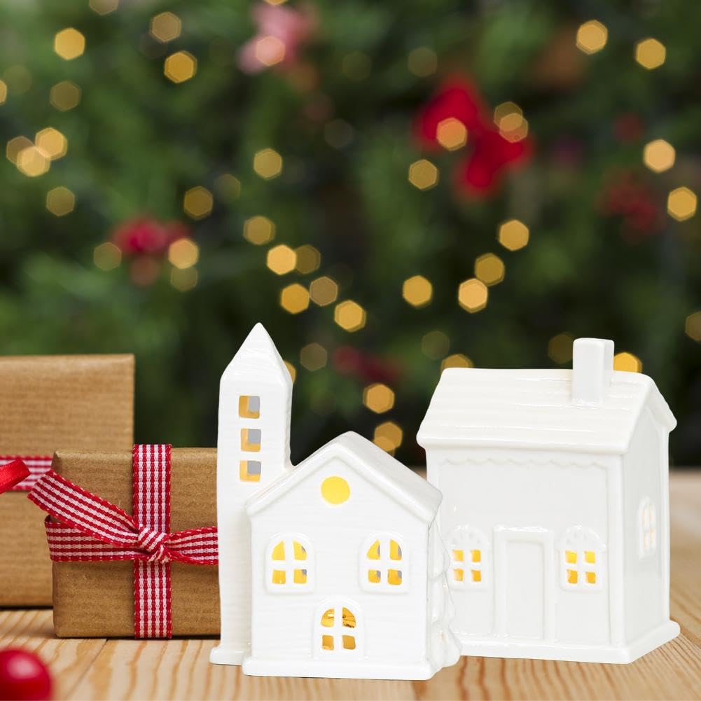 Maison de village de Noël en céramique blanche, ensemble de village de Noël, maisons de village de Noël éclairées par LED, maisons de ville en porcelaine blanche, collection de scènes de Noël pour la