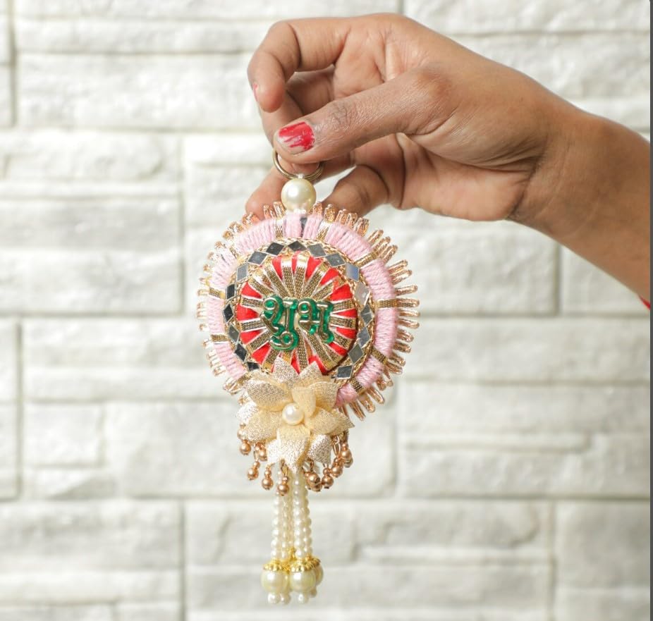 Image of Handmade Shubh Labh Wall Hanging with Kundan, Gota & Pearl Detailing - Elegant Home Decor for Diwali, Navratri, Weddings, Housewarming & Puja Favors