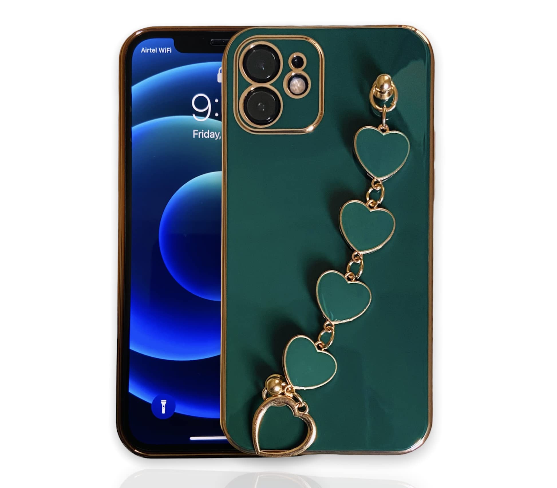 Crush Series TPU with Attached Love Heart Chain Bracelet Chrome Plating Back Cover Case Compatible with iPhone 14 Pro Max (iPhone 14 Pro Max, Green)