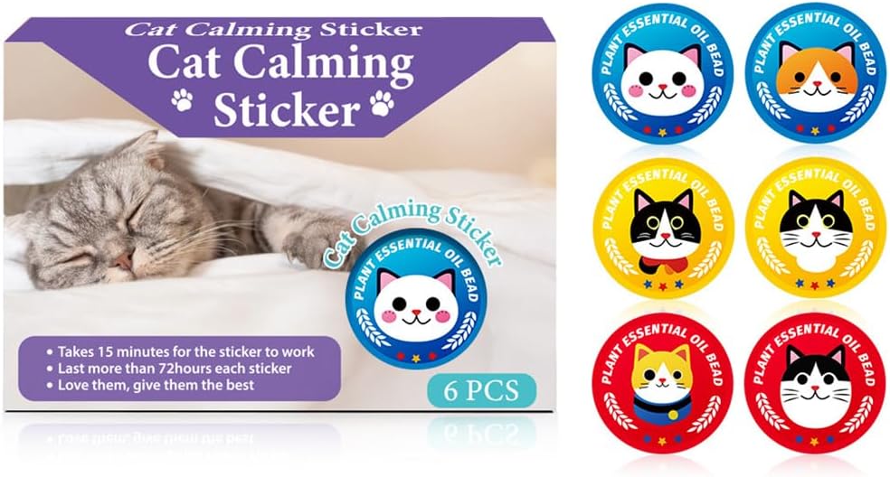 6 Pieces Cat Calming Stickers, Plant Essential Oil Pop Bead Patches for Cats, Adhesive Comfort Patches for Carrier, Car Travel, Vet Visits, Loud Noises, New Home and Daily Cat Care, Up to 72 Hours