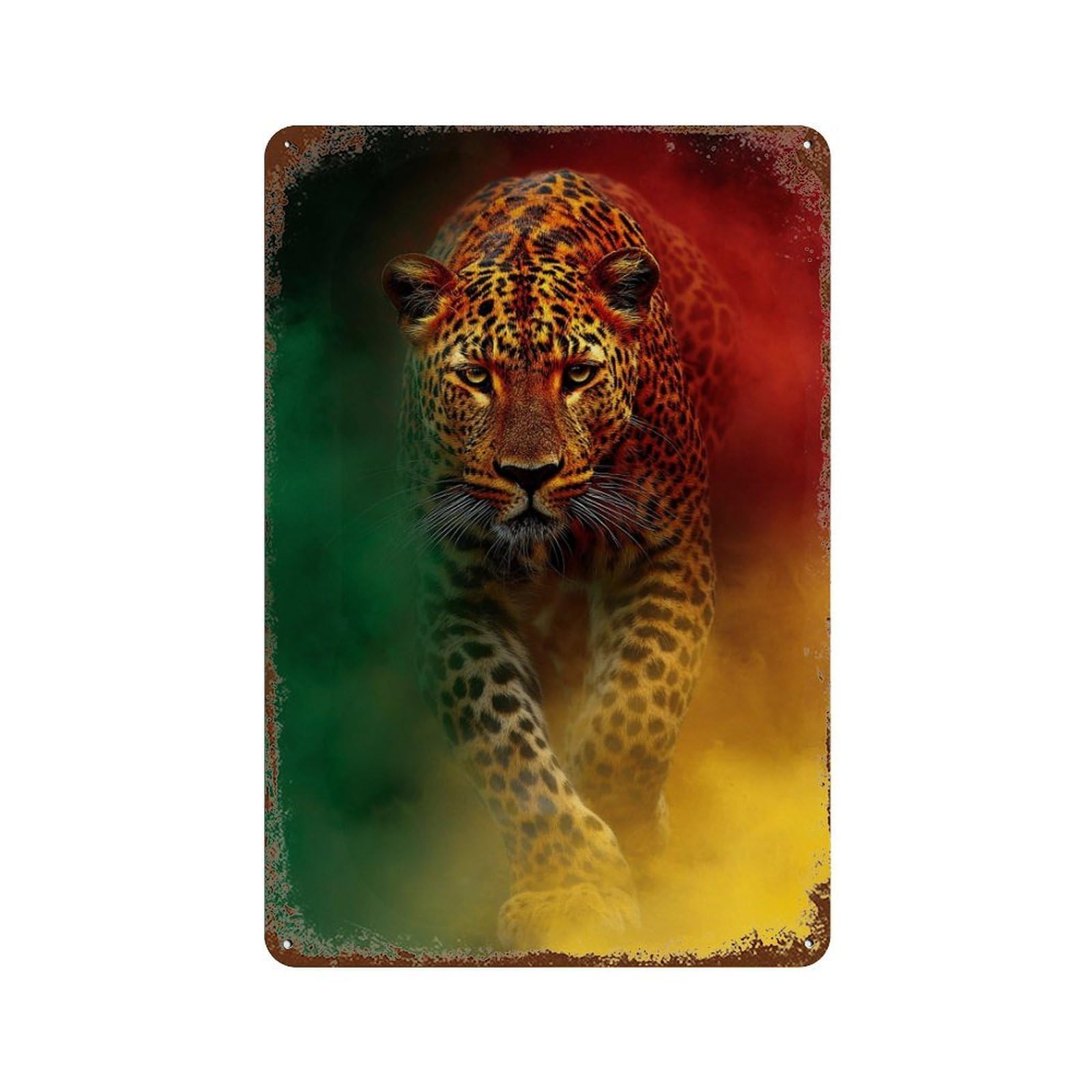 Aged Metal Wall Plaque with Leopard in Colorful Smoke Design 11.8"x7.9", for Shed, Workshop And Garage Wall Decor, Decorative Metal Wall Art