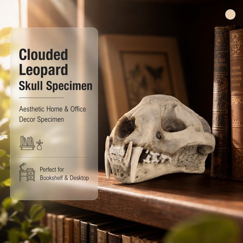 1pc Resin Clouded Leopard Skull Replica, Simulation Fossil Animal Skeleton Model for Gothic Home Decor, Office Desk Ornament, Halloween Party Decoration and Collector Display